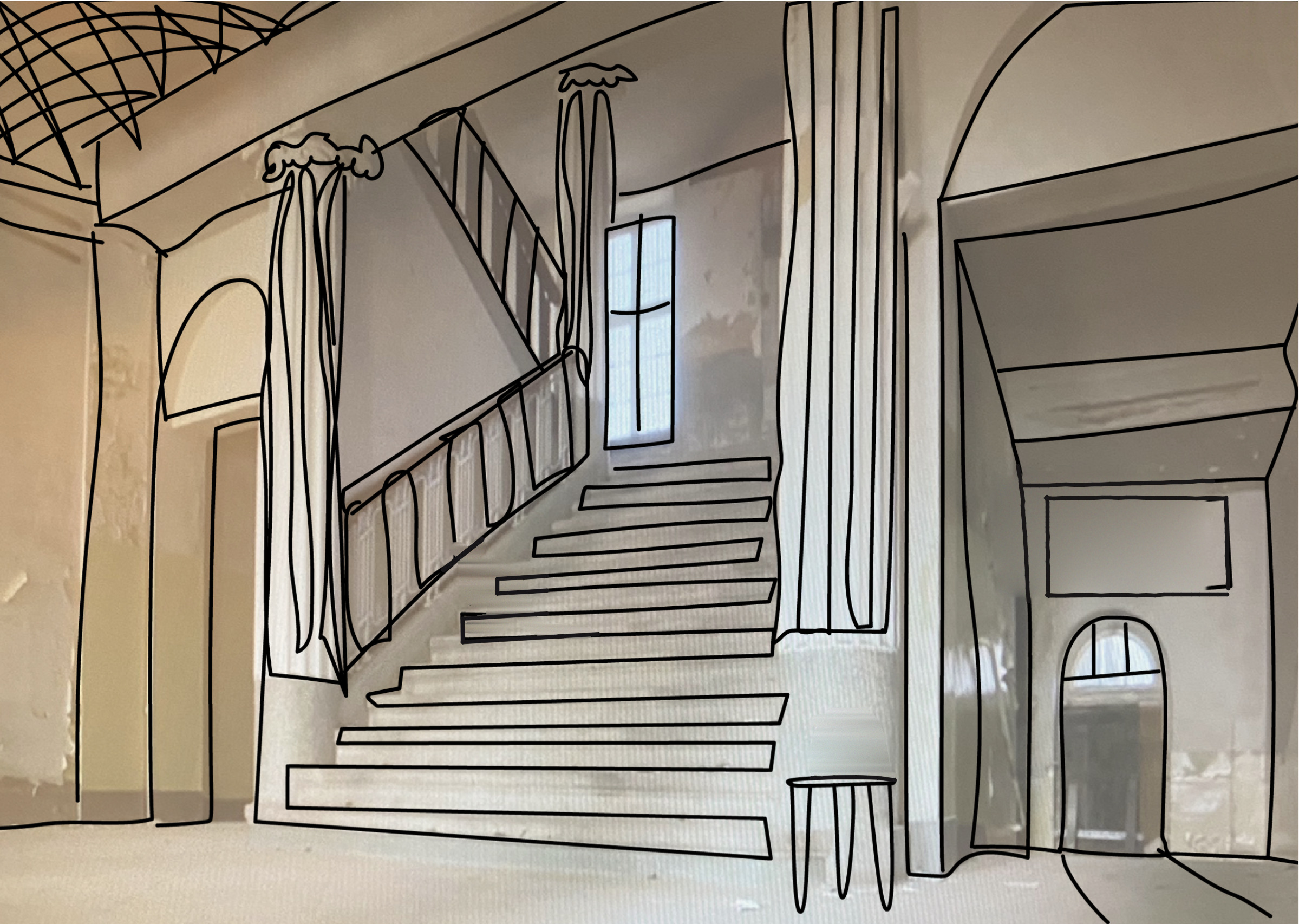 A hand-inked drawing over a photograph of a grand, worn staircase hall with arched doorways and a tall window